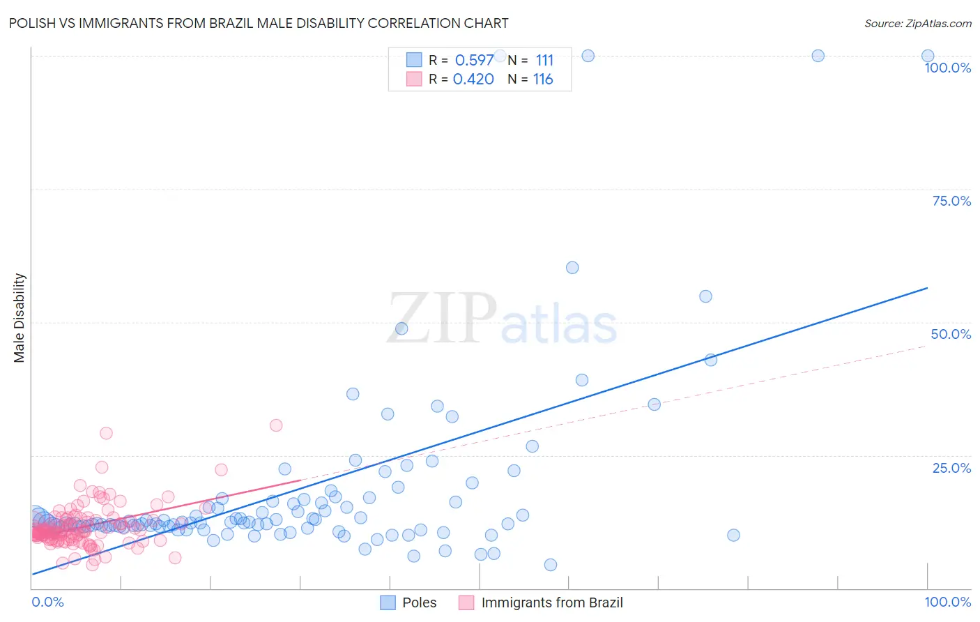 Polish vs Immigrants from Brazil Male Disability
