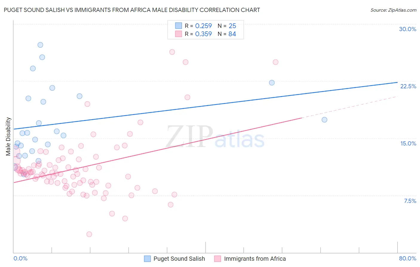 Puget Sound Salish vs Immigrants from Africa Male Disability