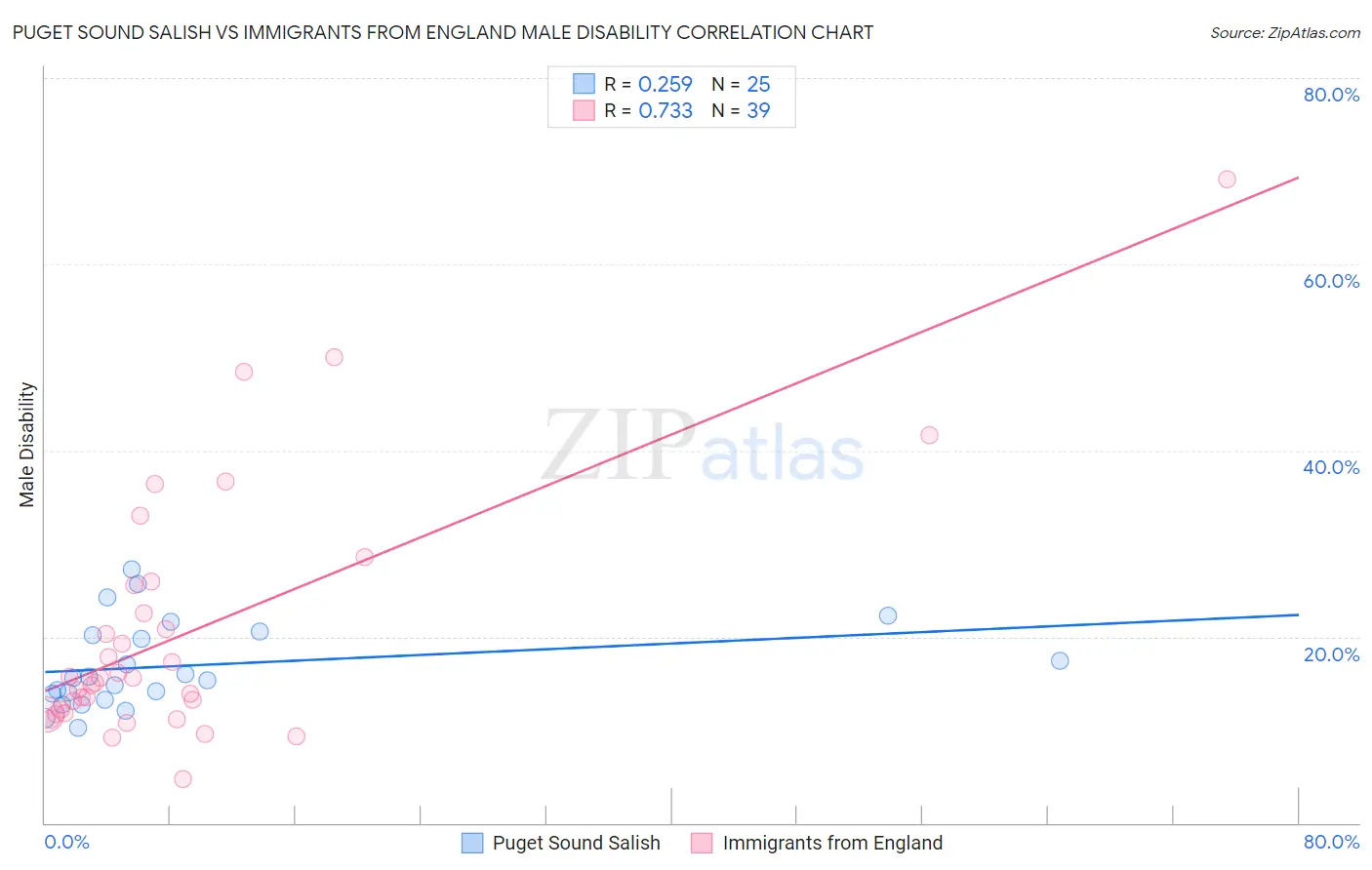 Puget Sound Salish vs Immigrants from England Male Disability