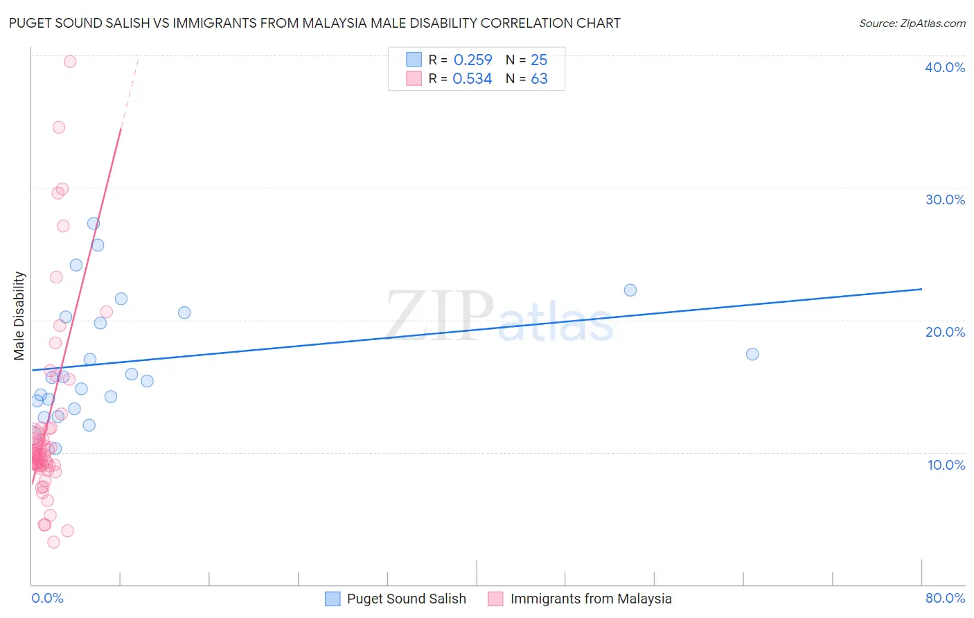 Puget Sound Salish vs Immigrants from Malaysia Male Disability