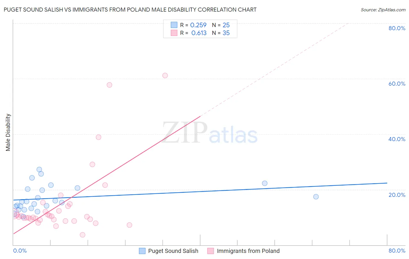Puget Sound Salish vs Immigrants from Poland Male Disability