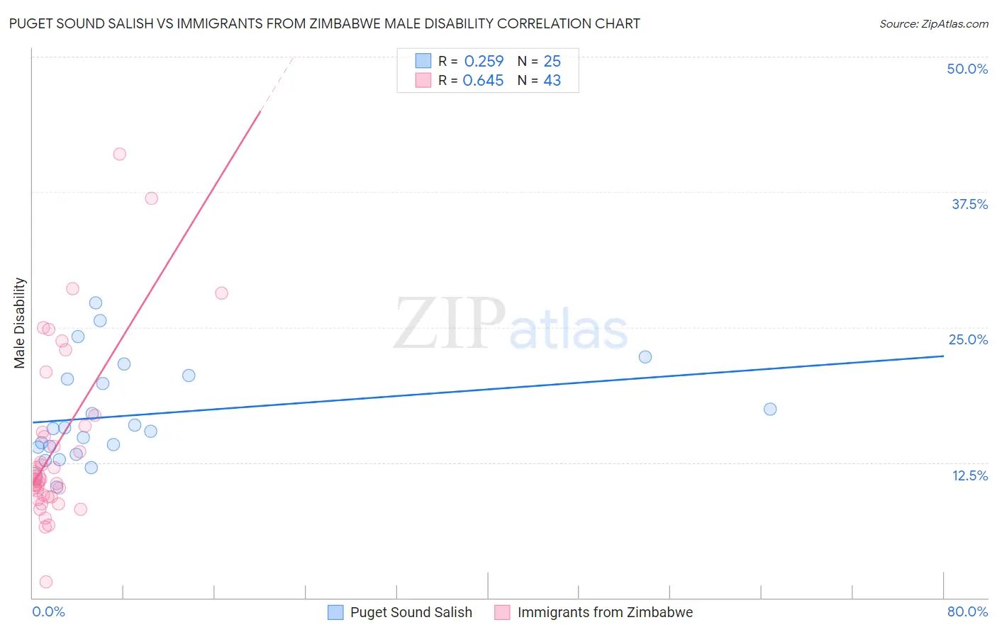Puget Sound Salish vs Immigrants from Zimbabwe Male Disability