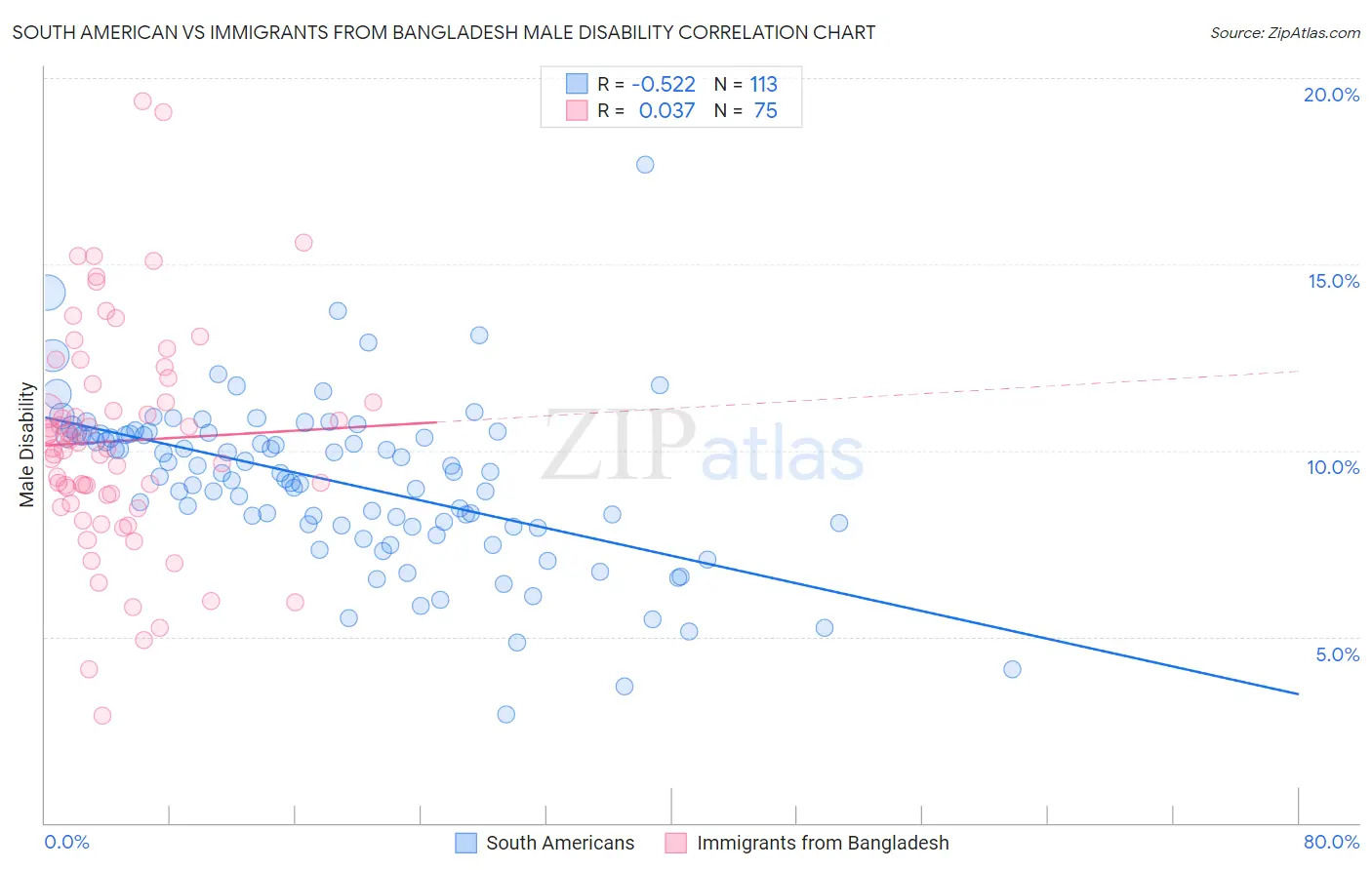 South American vs Immigrants from Bangladesh Male Disability