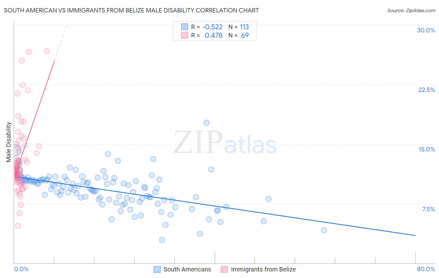 South American vs Immigrants from Belize Male Disability