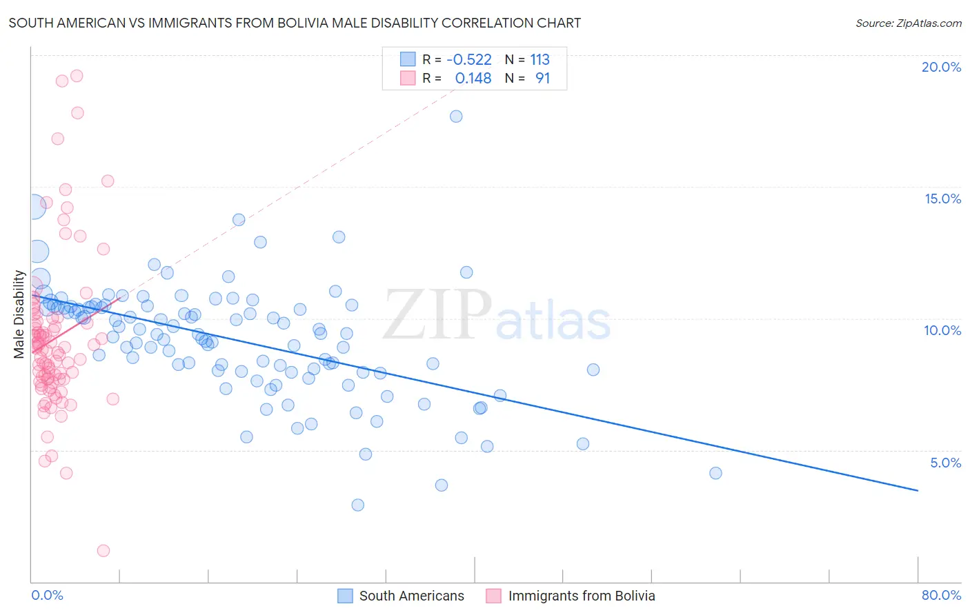 South American vs Immigrants from Bolivia Male Disability
