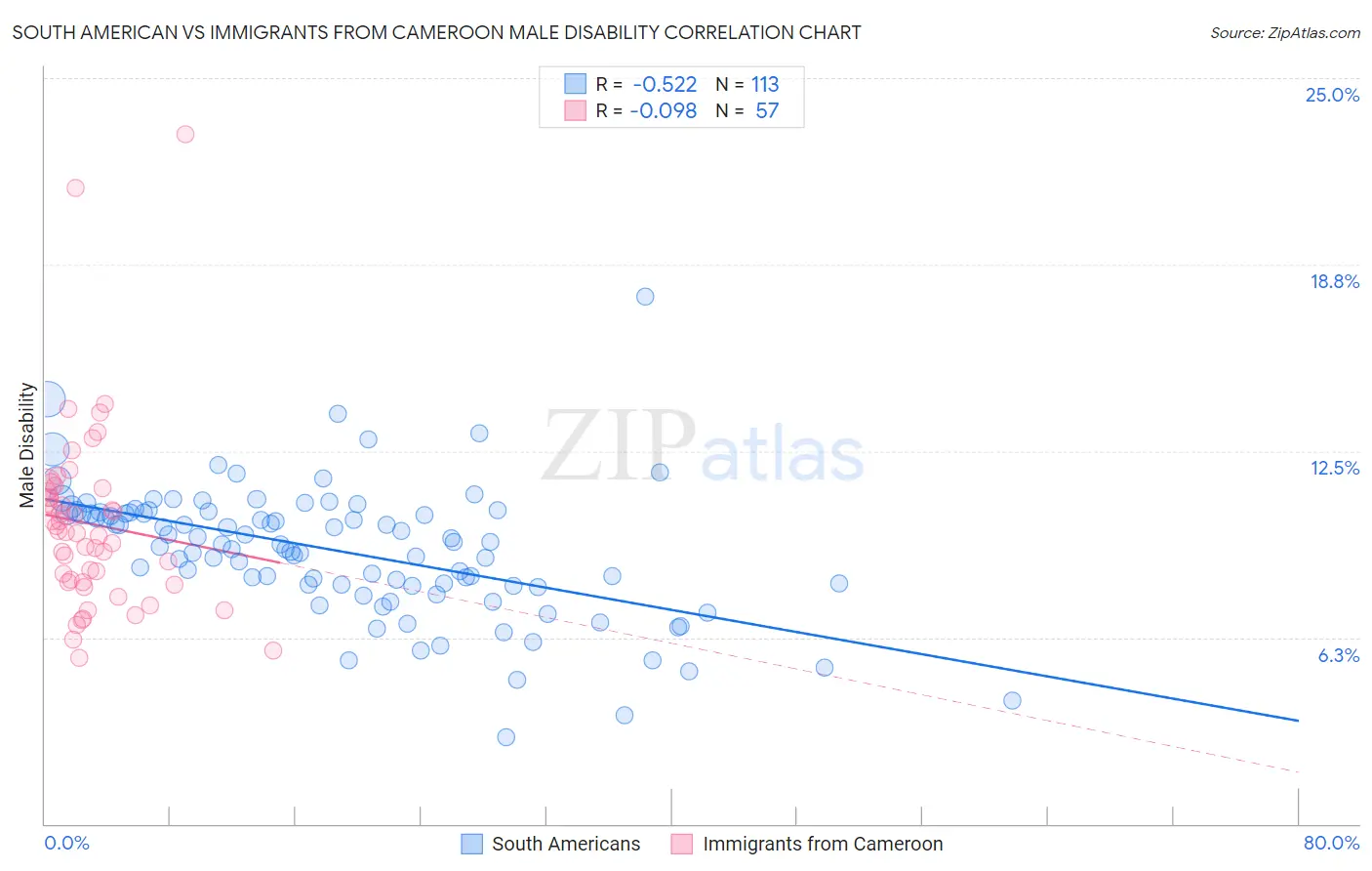 South American vs Immigrants from Cameroon Male Disability
