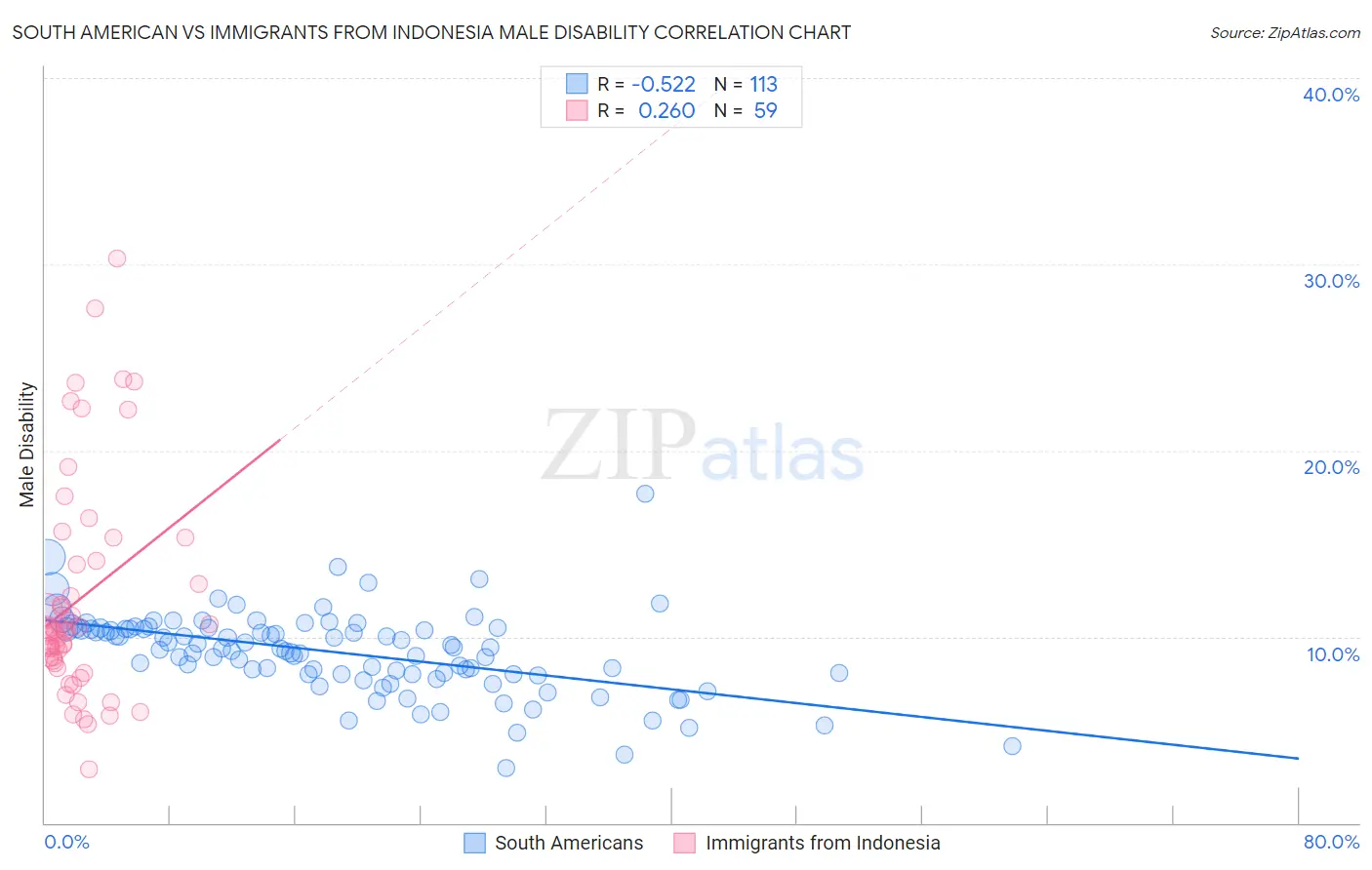 South American vs Immigrants from Indonesia Male Disability