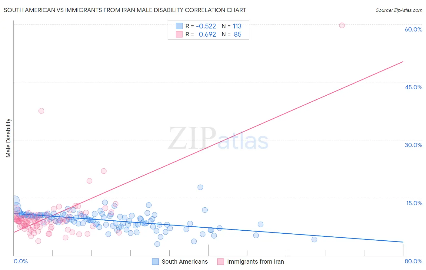 South American vs Immigrants from Iran Male Disability