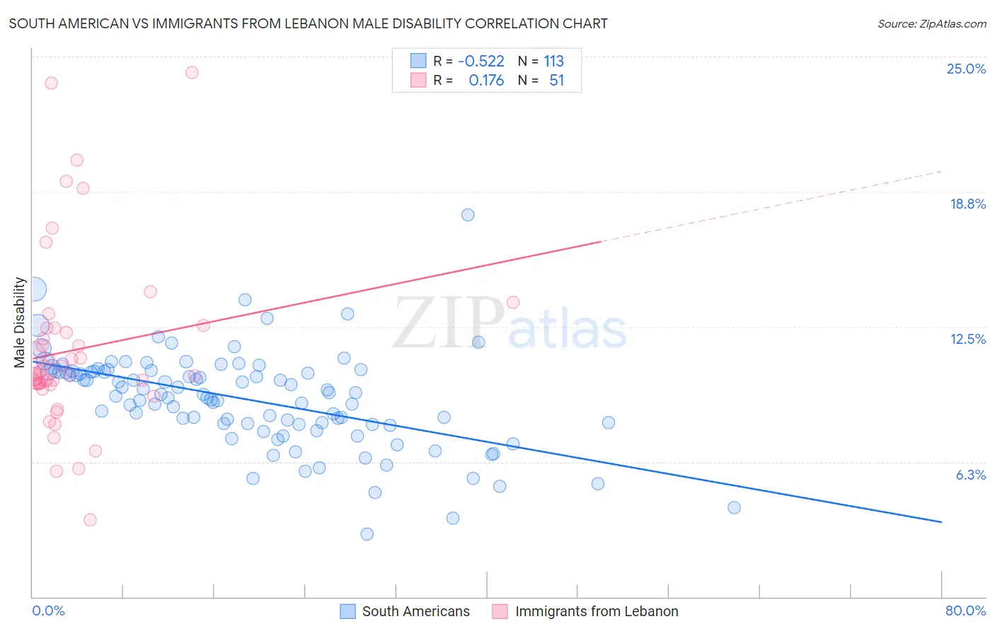 South American vs Immigrants from Lebanon Male Disability