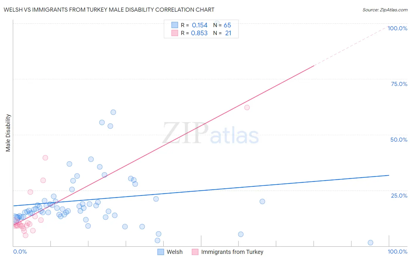 Welsh vs Immigrants from Turkey Male Disability