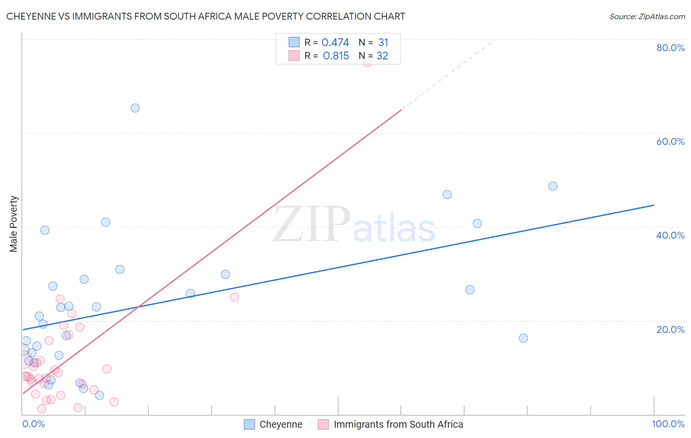 Cheyenne vs Immigrants from South Africa Male Poverty