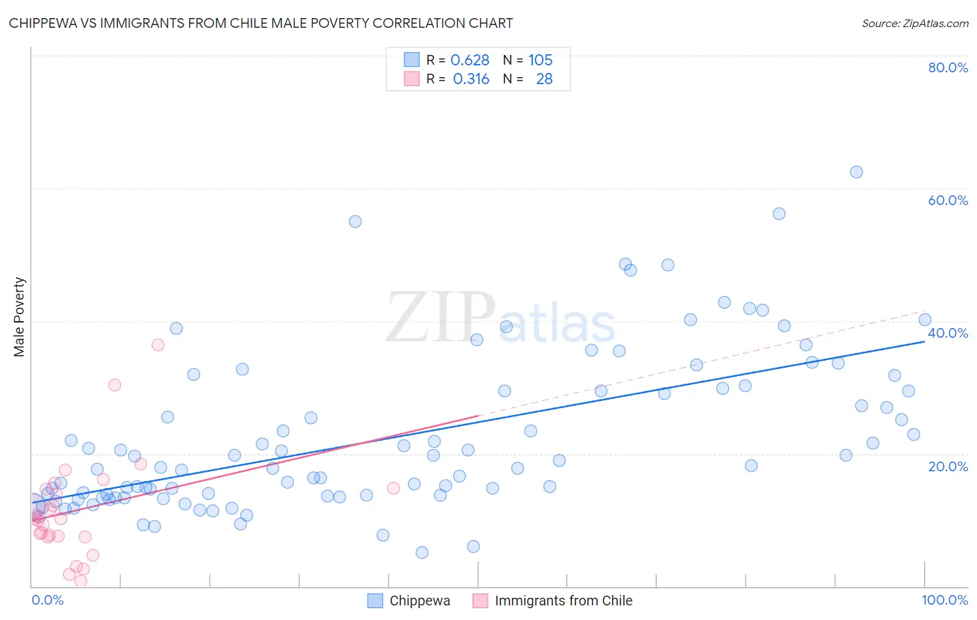 Chippewa vs Immigrants from Chile Male Poverty