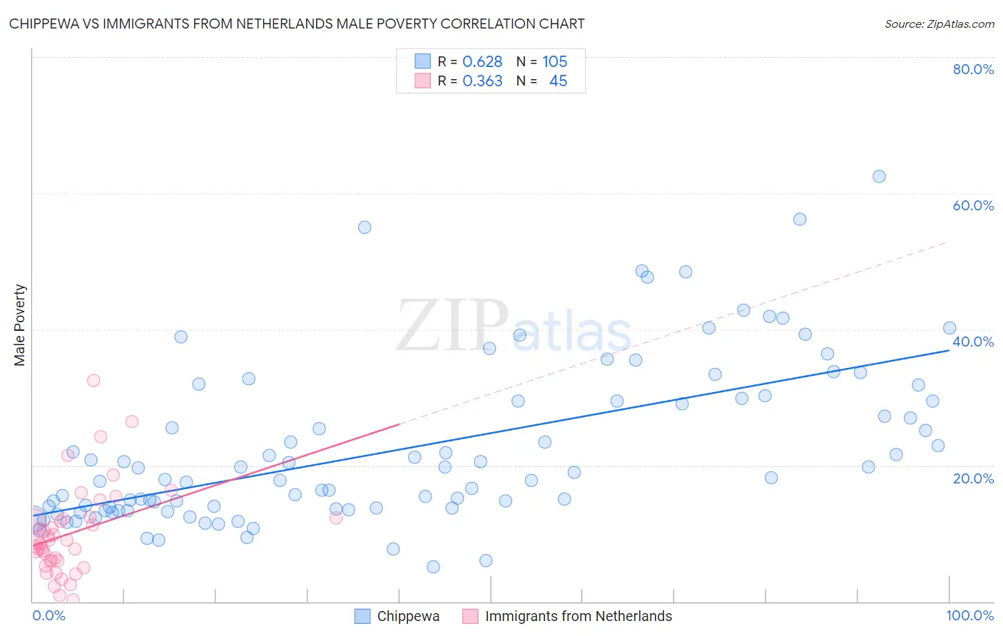 Chippewa vs Immigrants from Netherlands Male Poverty