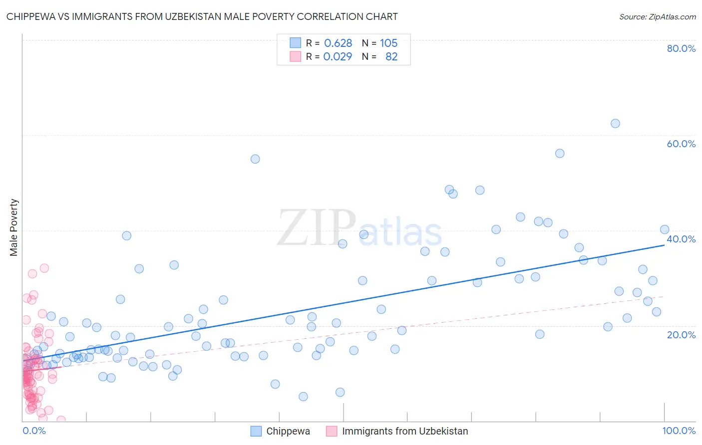 Chippewa vs Immigrants from Uzbekistan Male Poverty