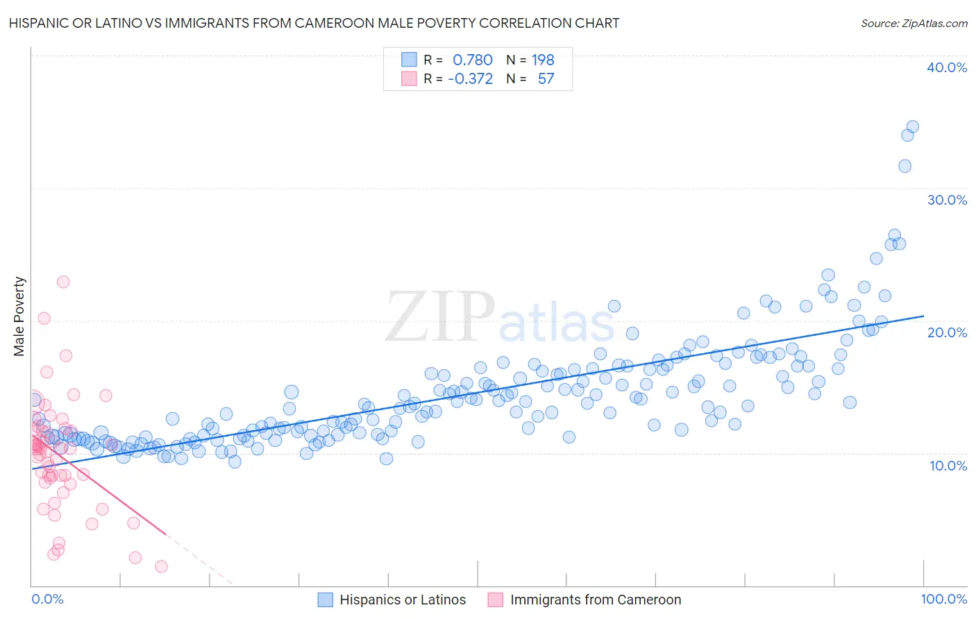 Hispanic or Latino vs Immigrants from Cameroon Male Poverty