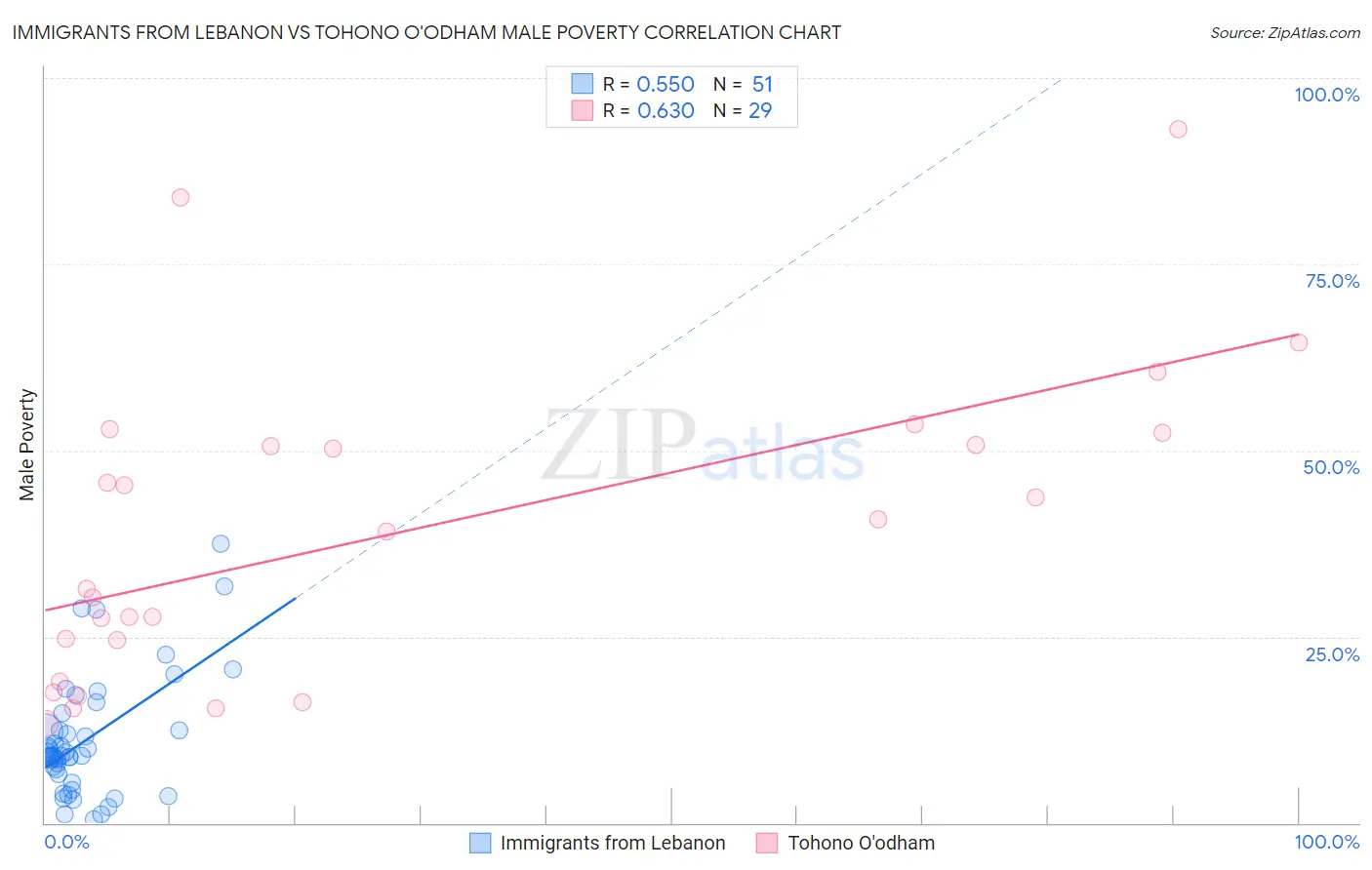 Immigrants from Lebanon vs Tohono O'odham Male Poverty