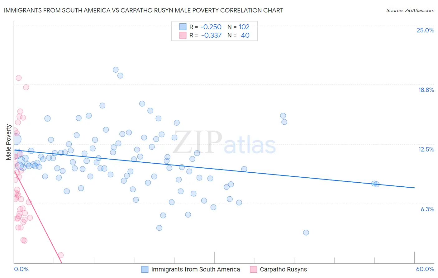 Immigrants from South America vs Carpatho Rusyn Male Poverty