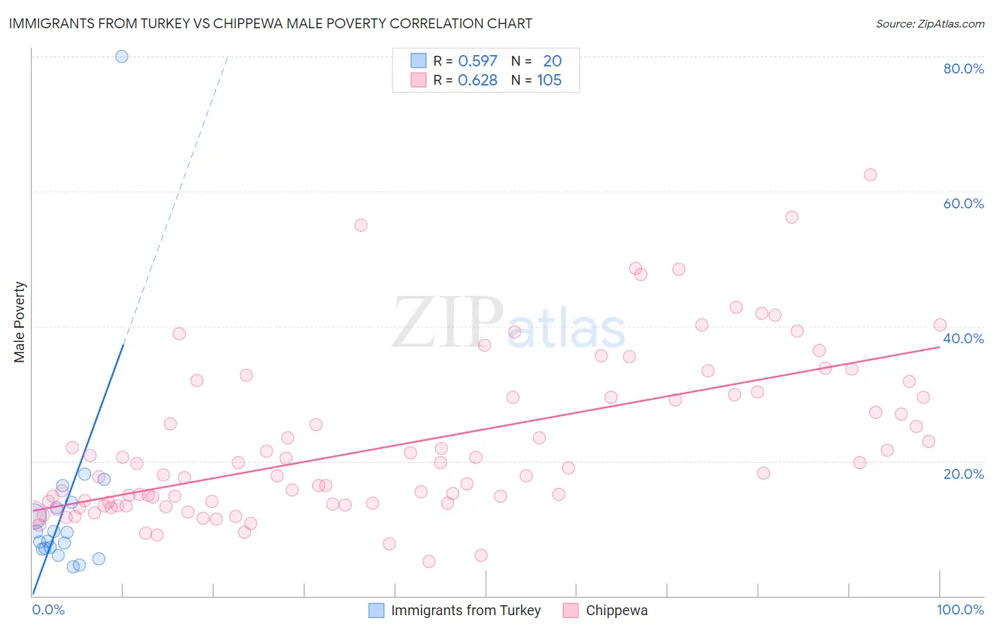 Immigrants from Turkey vs Chippewa Male Poverty