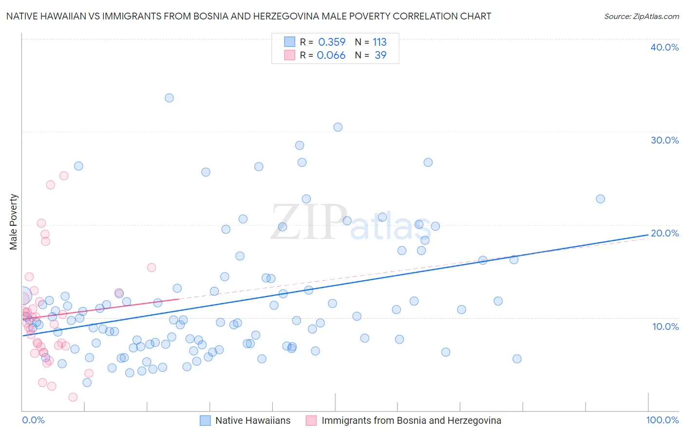 Native Hawaiian vs Immigrants from Bosnia and Herzegovina Male Poverty