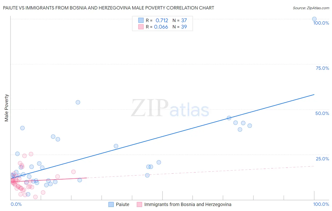 Paiute vs Immigrants from Bosnia and Herzegovina Male Poverty