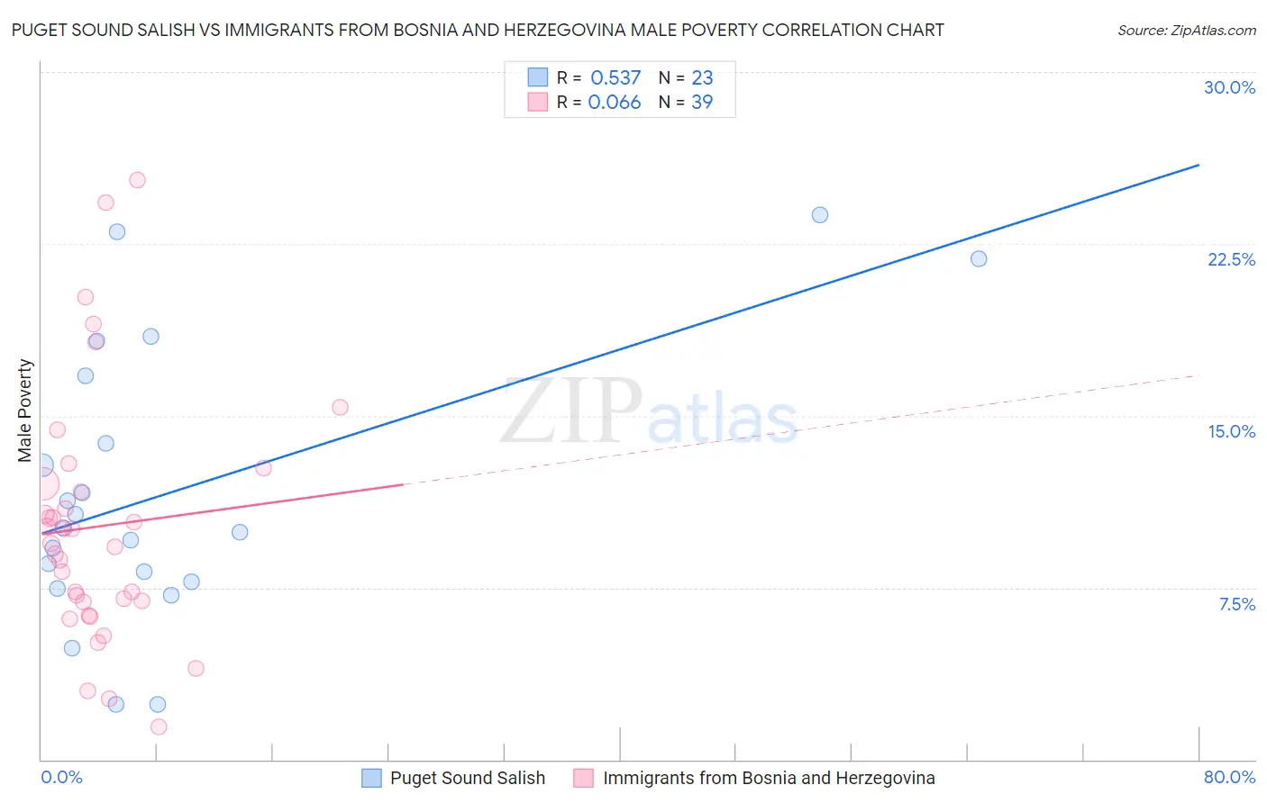 Puget Sound Salish vs Immigrants from Bosnia and Herzegovina Male Poverty