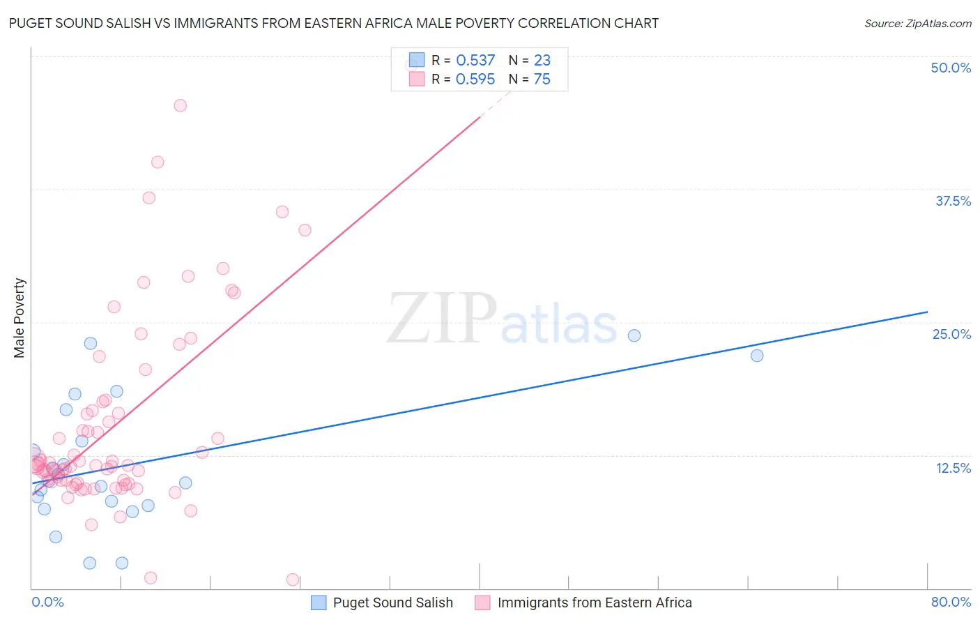 Puget Sound Salish vs Immigrants from Eastern Africa Male Poverty
