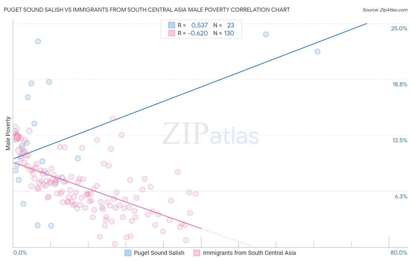 Puget Sound Salish vs Immigrants from South Central Asia Male Poverty
