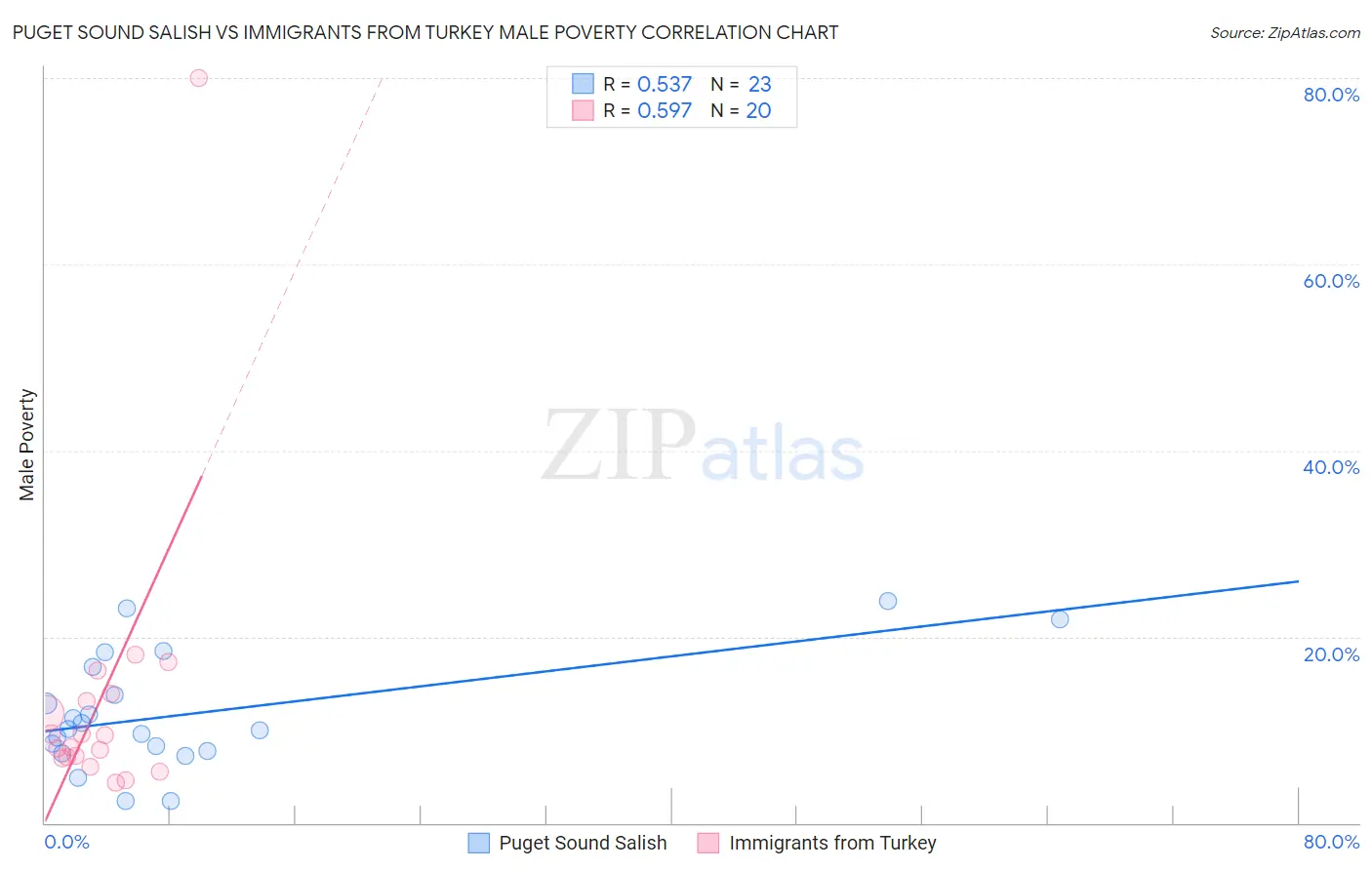 Puget Sound Salish vs Immigrants from Turkey Male Poverty