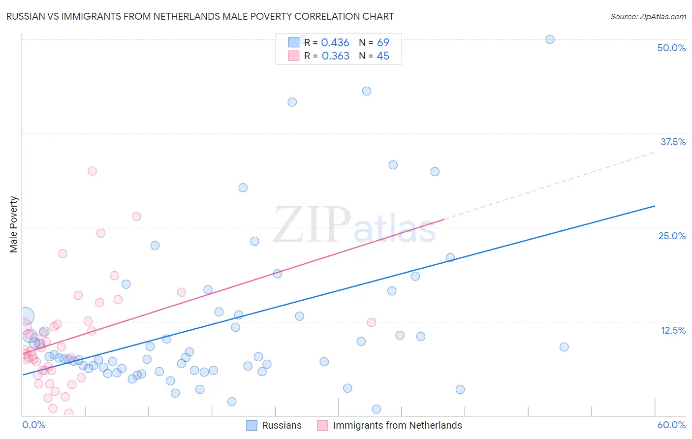 Russian vs Immigrants from Netherlands Male Poverty