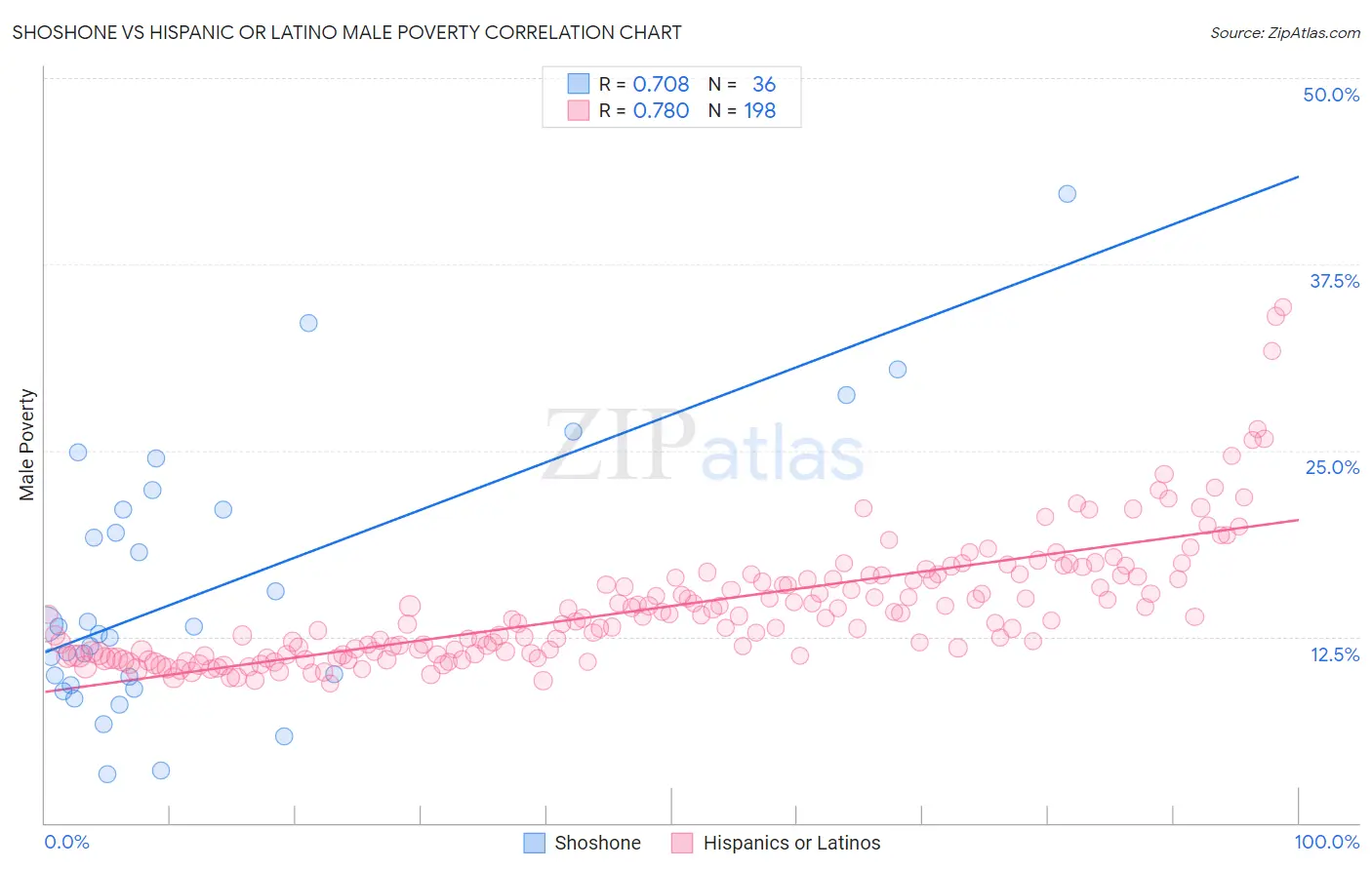 Shoshone vs Hispanic or Latino Male Poverty