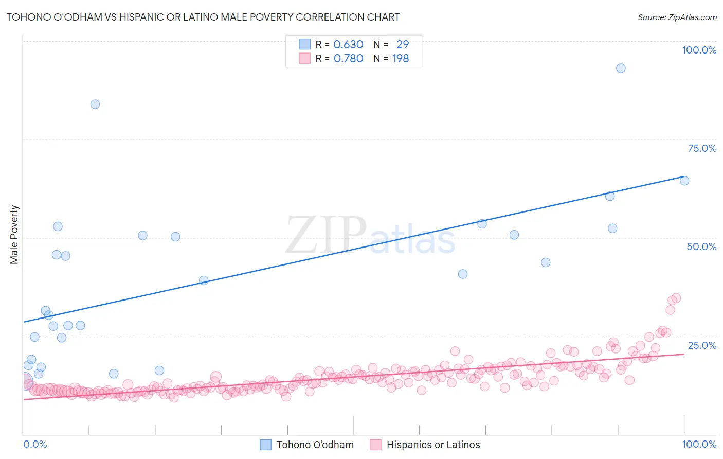 Tohono O'odham vs Hispanic or Latino Male Poverty