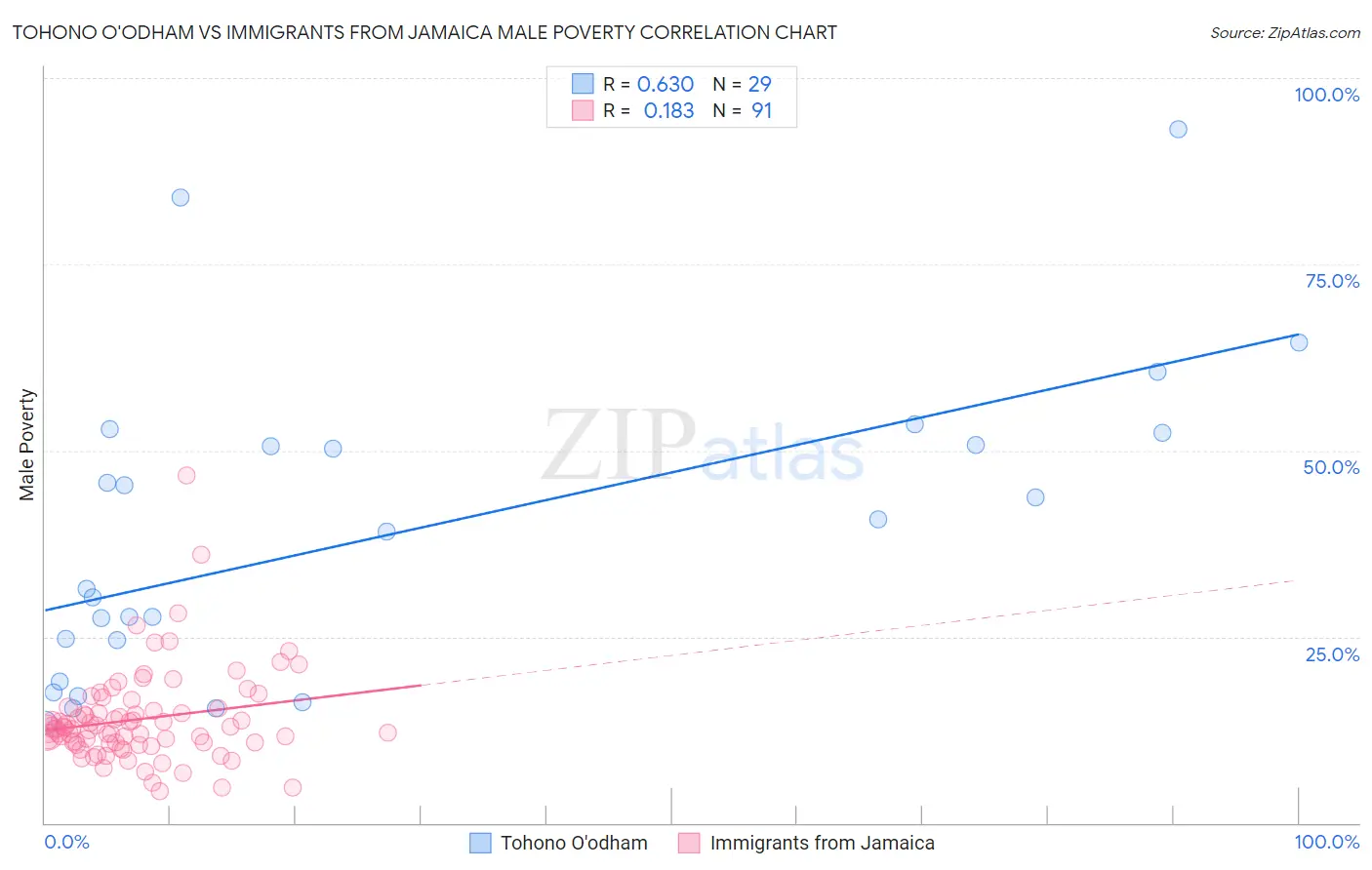 Tohono O'odham vs Immigrants from Jamaica Male Poverty