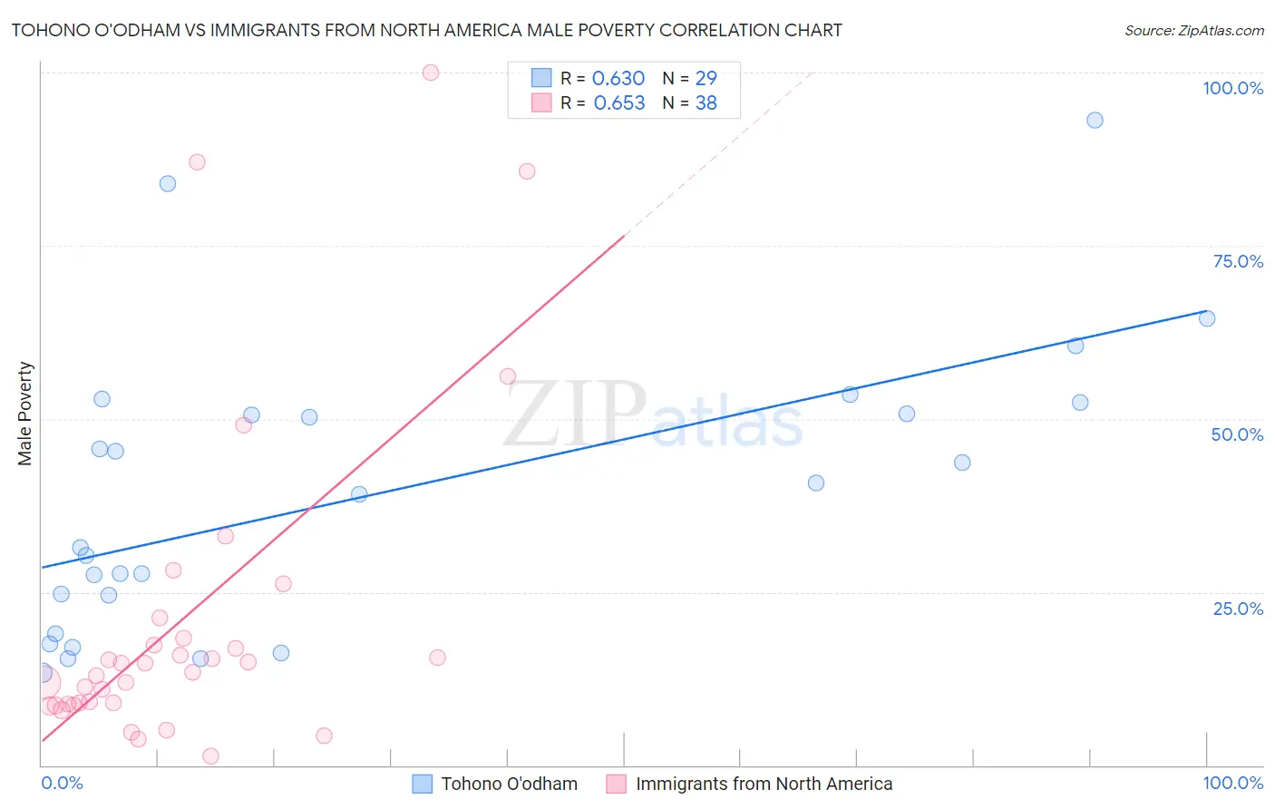 Tohono O'odham vs Immigrants from North America Male Poverty