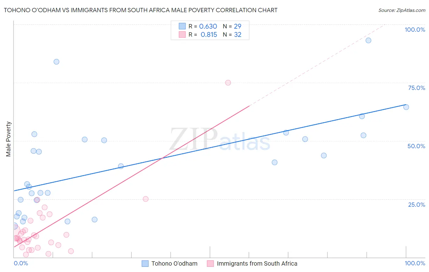Tohono O'odham vs Immigrants from South Africa Male Poverty