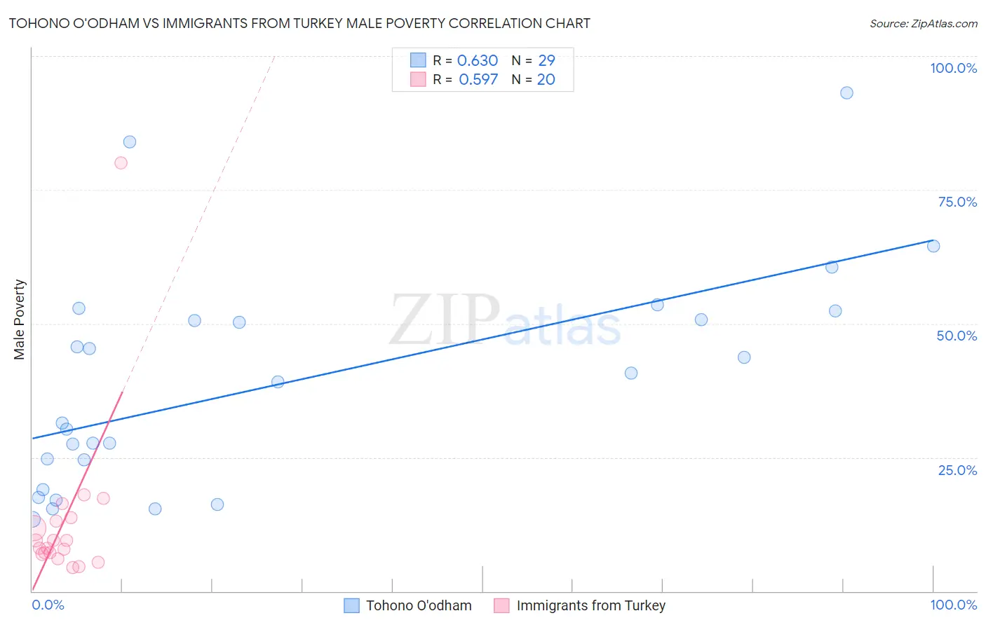 Tohono O'odham vs Immigrants from Turkey Male Poverty