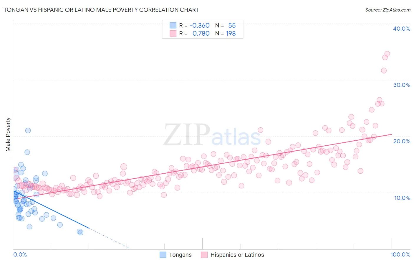 Tongan vs Hispanic or Latino Male Poverty