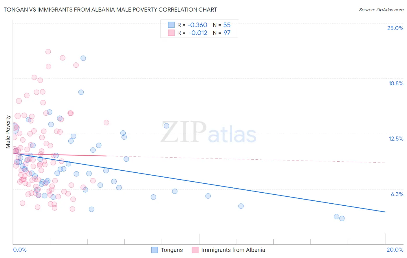 Tongan vs Immigrants from Albania Male Poverty