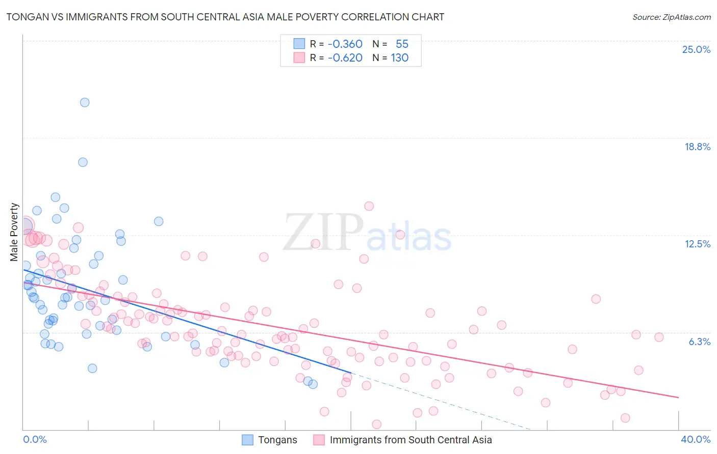 Tongan vs Immigrants from South Central Asia Male Poverty