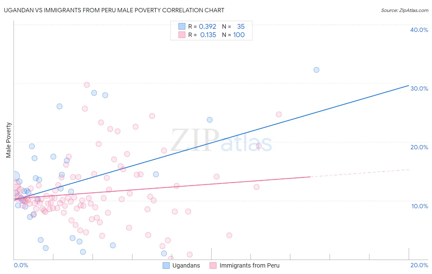 Ugandan vs Immigrants from Peru Male Poverty