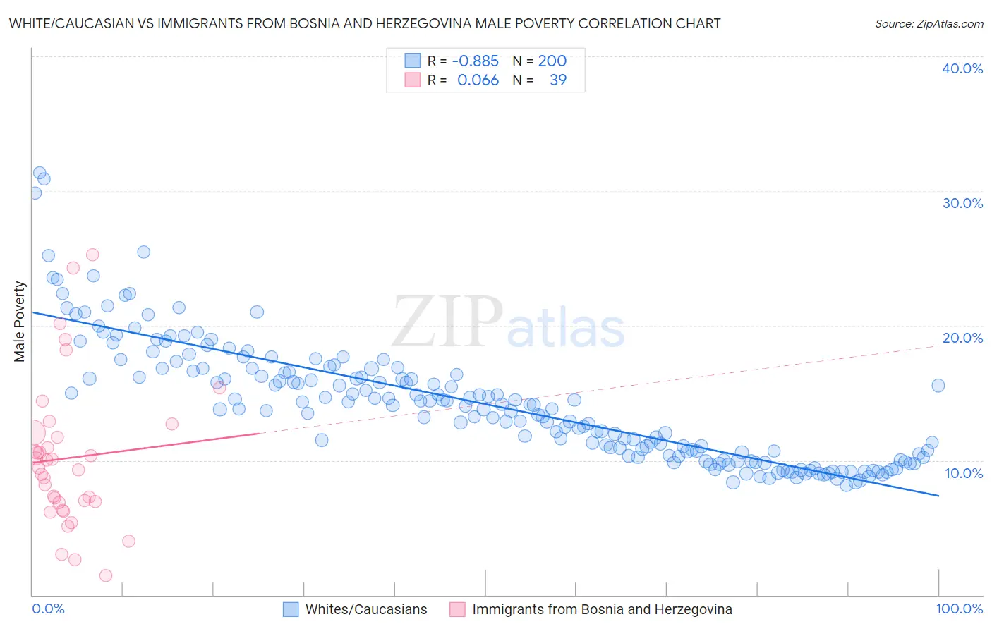 White/Caucasian vs Immigrants from Bosnia and Herzegovina Male Poverty