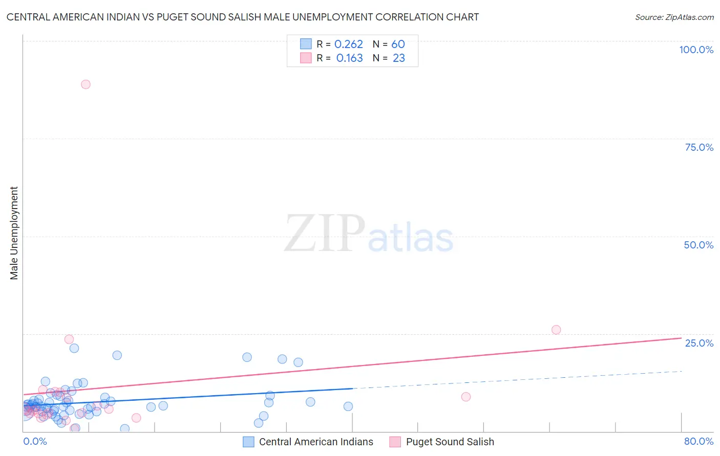 Central American Indian vs Puget Sound Salish Male Unemployment