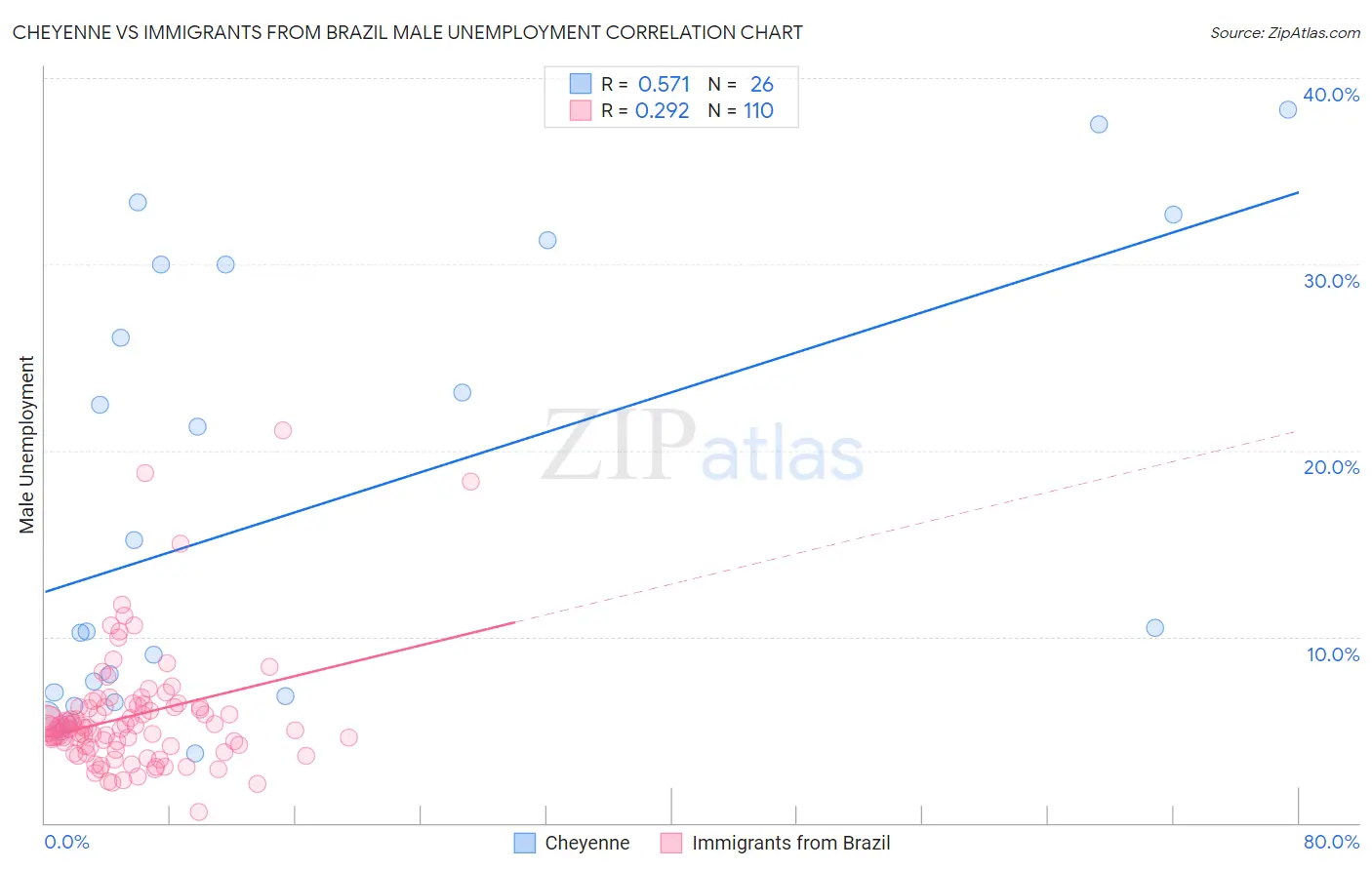 Cheyenne vs Immigrants from Brazil Male Unemployment