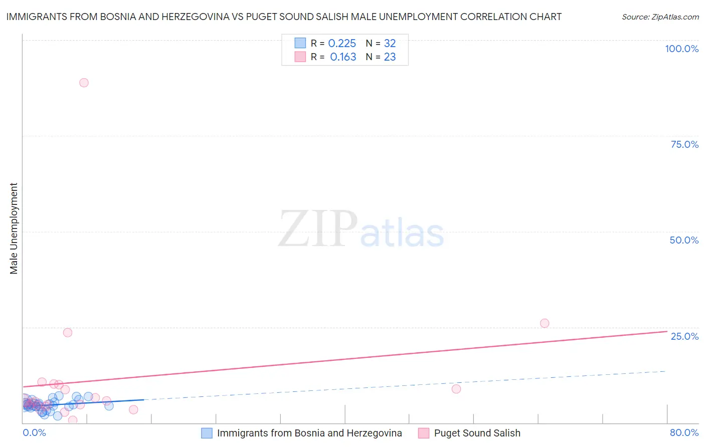 Immigrants from Bosnia and Herzegovina vs Puget Sound Salish Male Unemployment