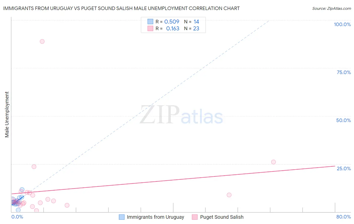 Immigrants from Uruguay vs Puget Sound Salish Male Unemployment