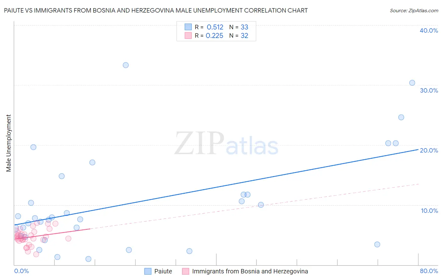 Paiute vs Immigrants from Bosnia and Herzegovina Male Unemployment