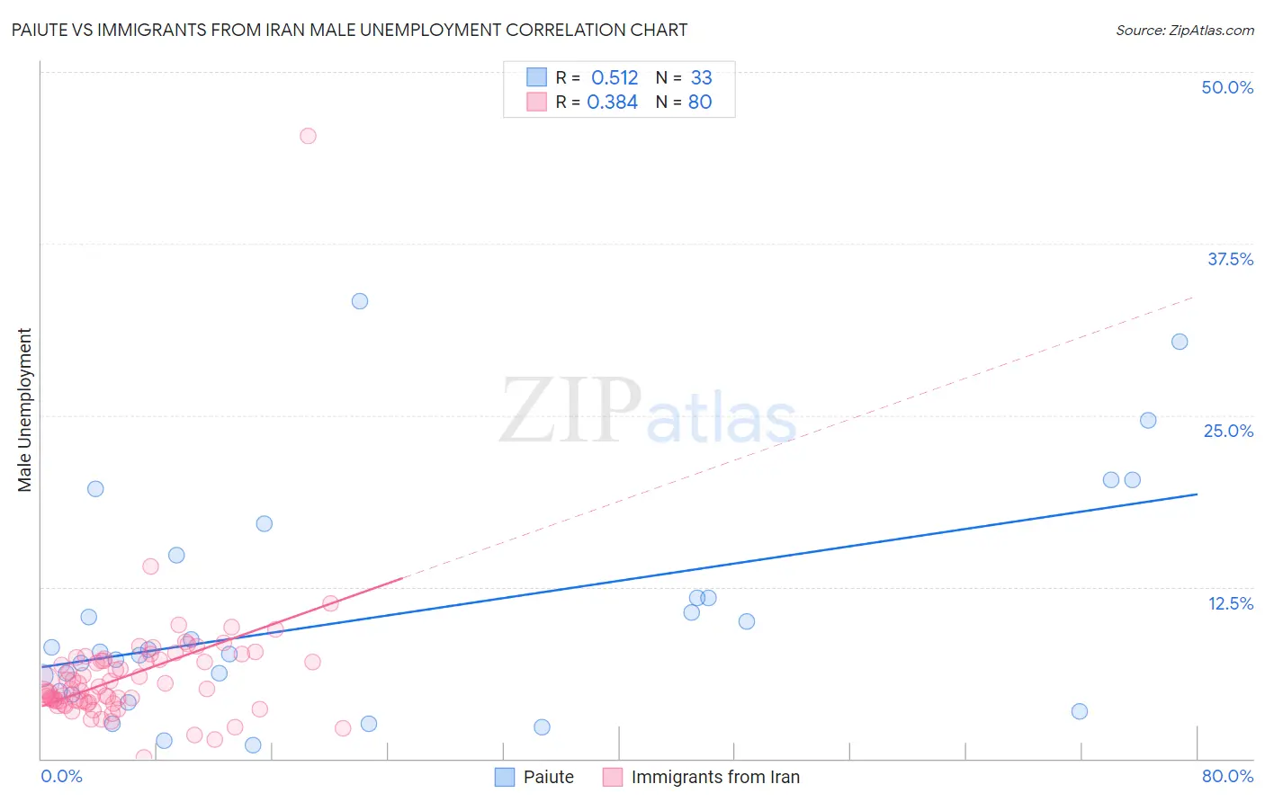 Paiute vs Immigrants from Iran Male Unemployment