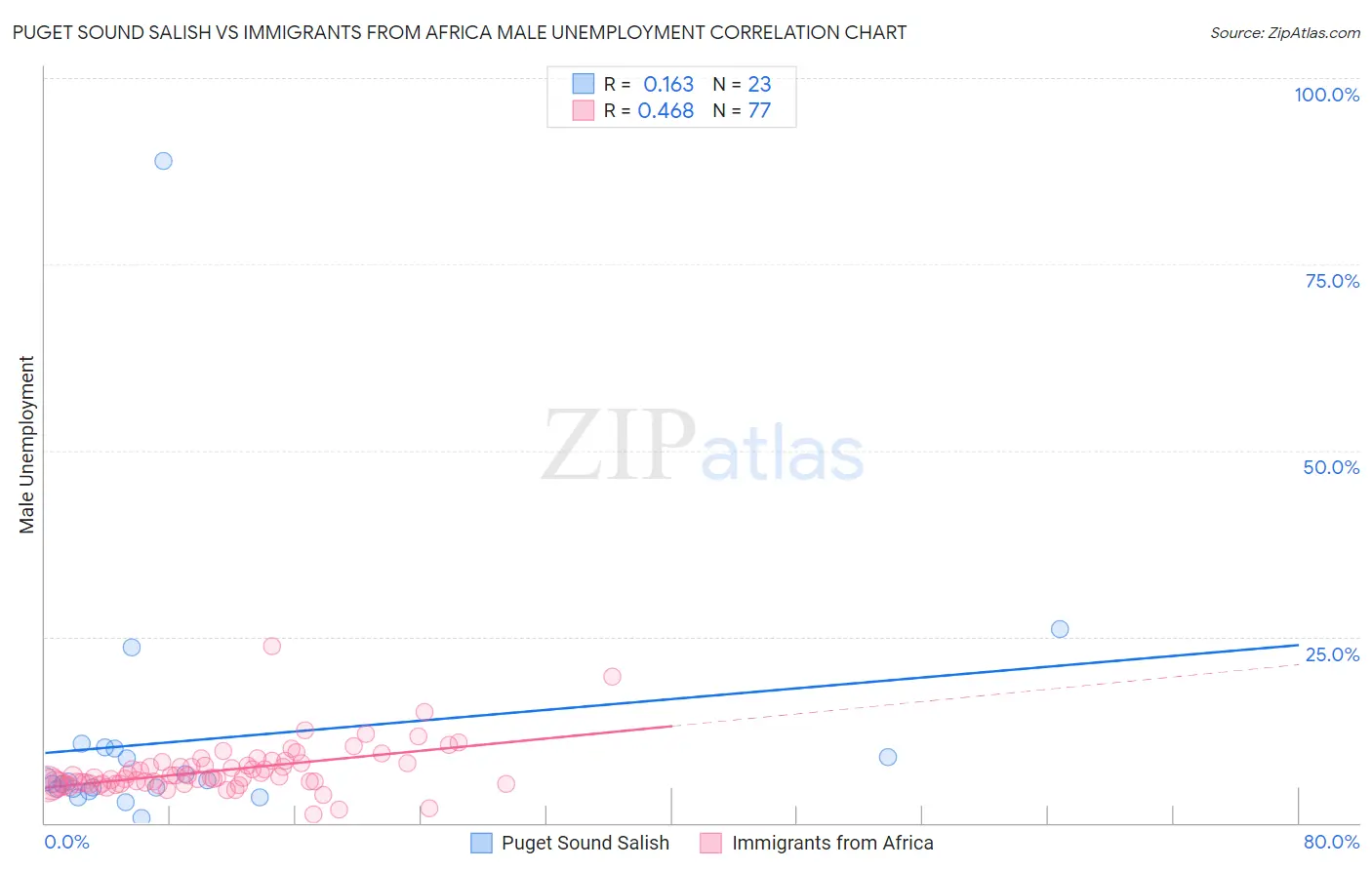 Puget Sound Salish vs Immigrants from Africa Male Unemployment