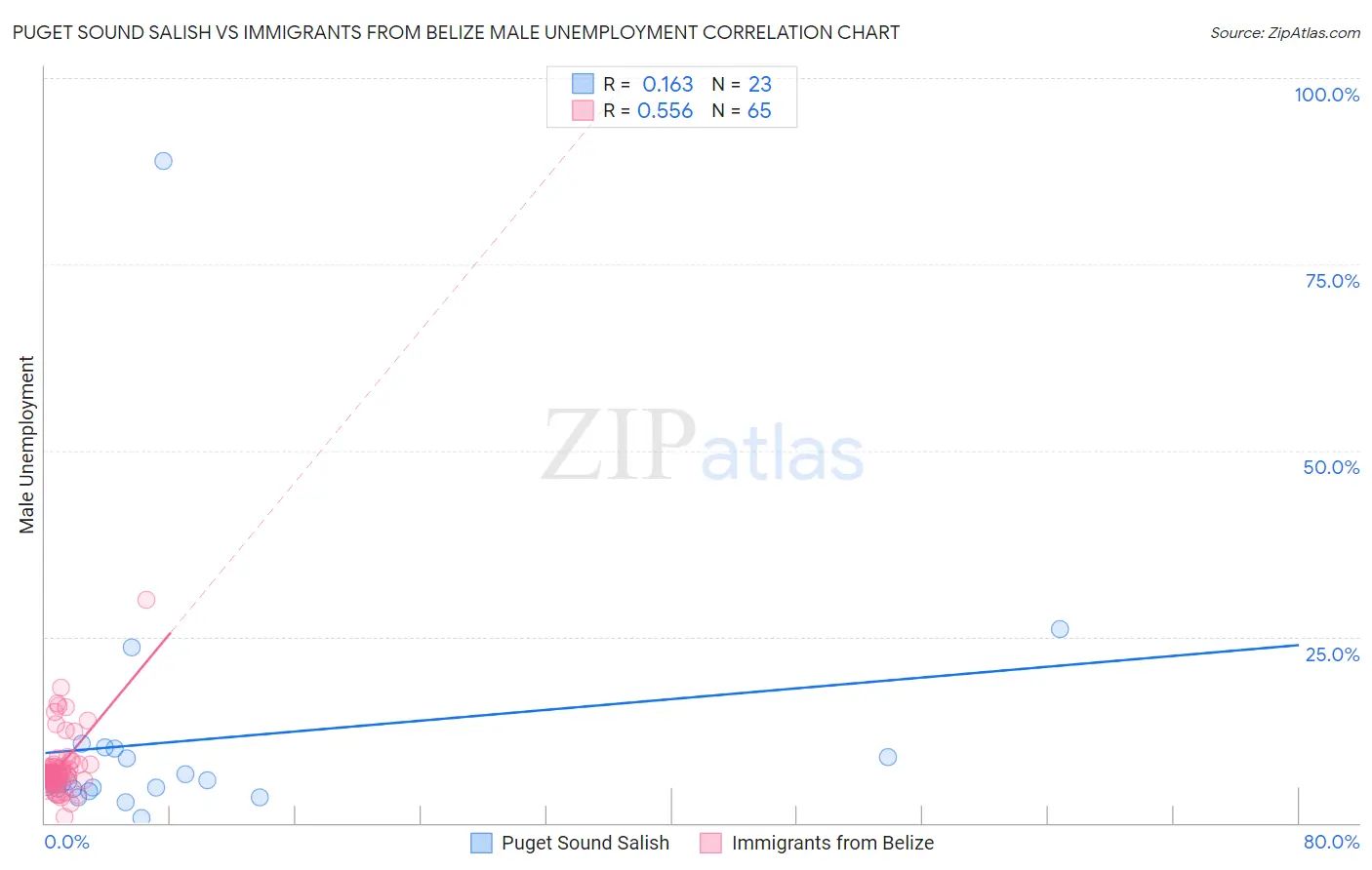Puget Sound Salish vs Immigrants from Belize Male Unemployment