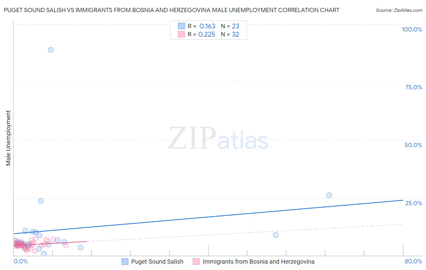 Puget Sound Salish vs Immigrants from Bosnia and Herzegovina Male Unemployment