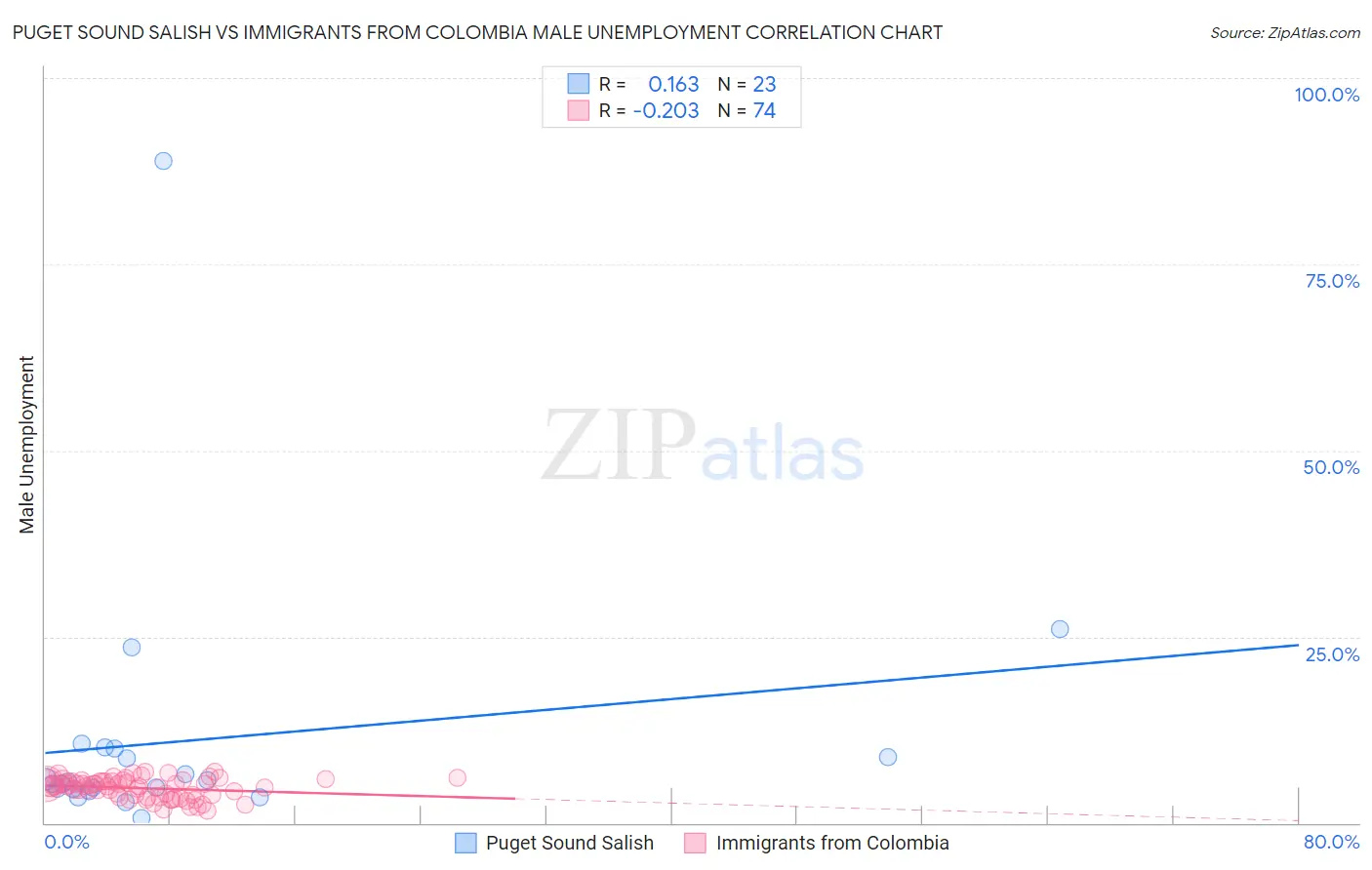 Puget Sound Salish vs Immigrants from Colombia Male Unemployment